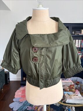 Mike & Chris Vintage Olive Green Short Puff-Sleeve Bomber Jacket size XS
